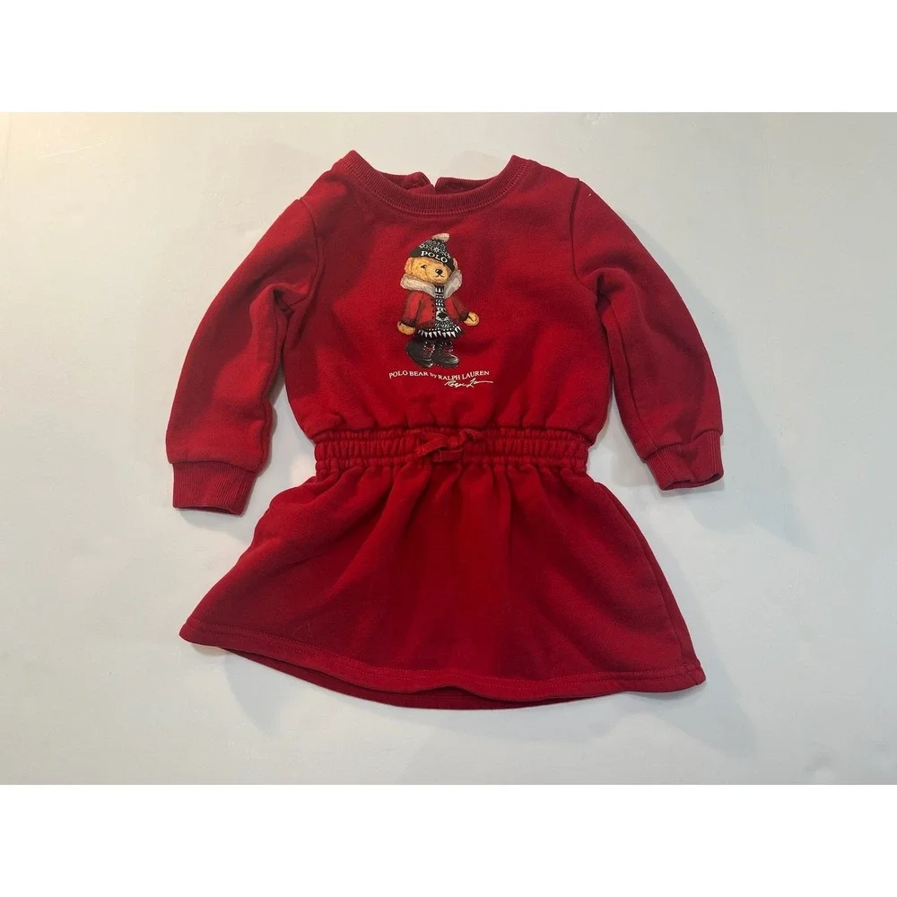 Ralph Lauren Polo Bear Fleece Dress Baby Girl 9M Red Long Sleeve‎ Prep Designer